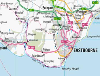 Map of the route, Eastbourne - Alciston